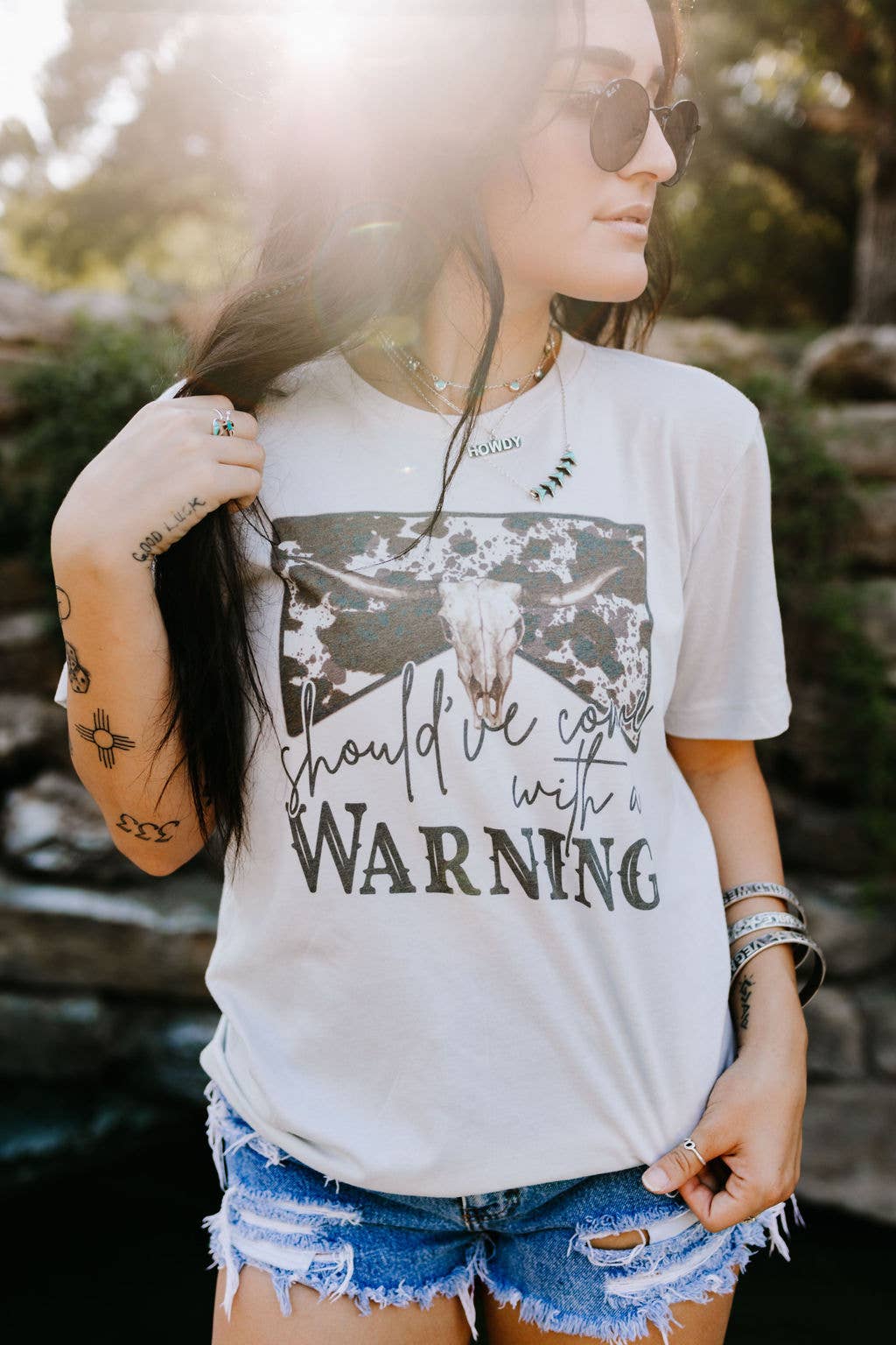 Should've come with a Warning Western Cow Skull Graphic Tee